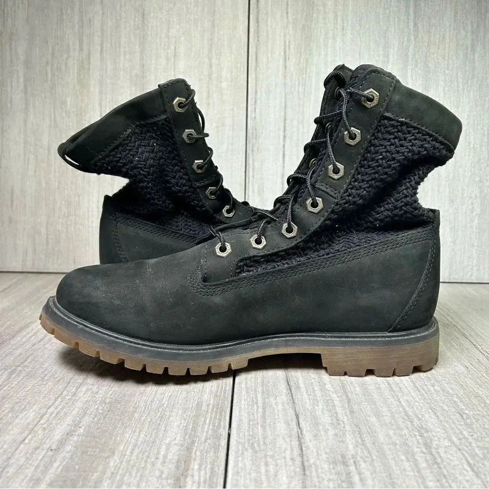 Timberland Black Suede Weave Knit Upper Ankle Boots Combat Bootie Women’s Size 9 - Picture 2 of 10